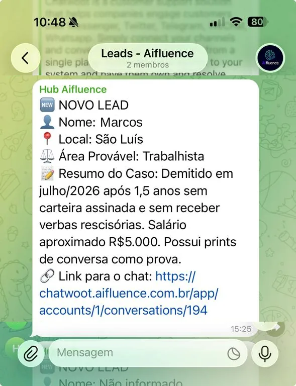 Notificação recebida pelo escritório: card com nome, cidade, área provável e resumo do caso, com link para a conversa